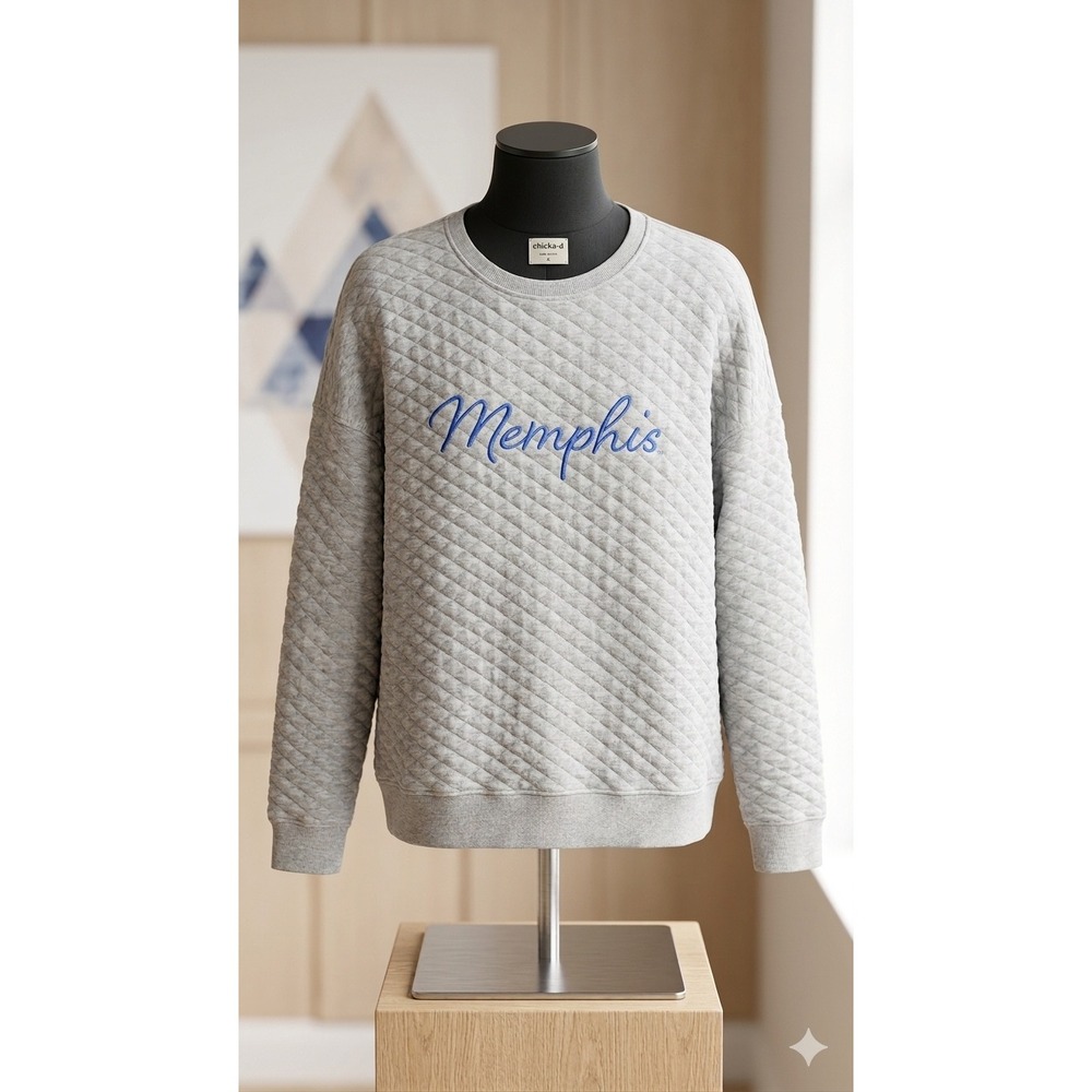 Chicka-d Memphis Quilted Crewneck Sweatshirt Grey Blue XL‎ Collegiate